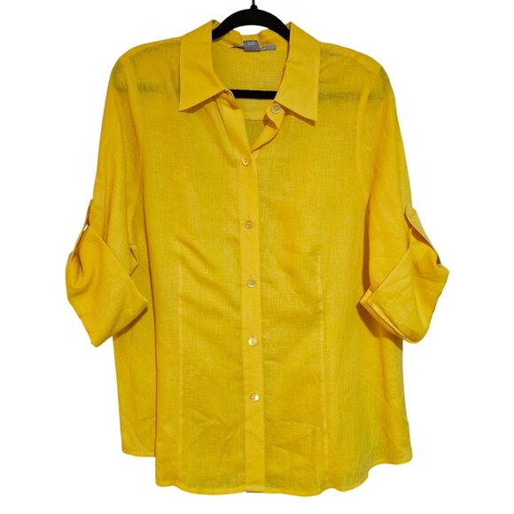 Spring Easter top Ellen Tracy Womens Yellow Tunic Shirt Size 16 100% Linen Relax - Picture 1 of 16